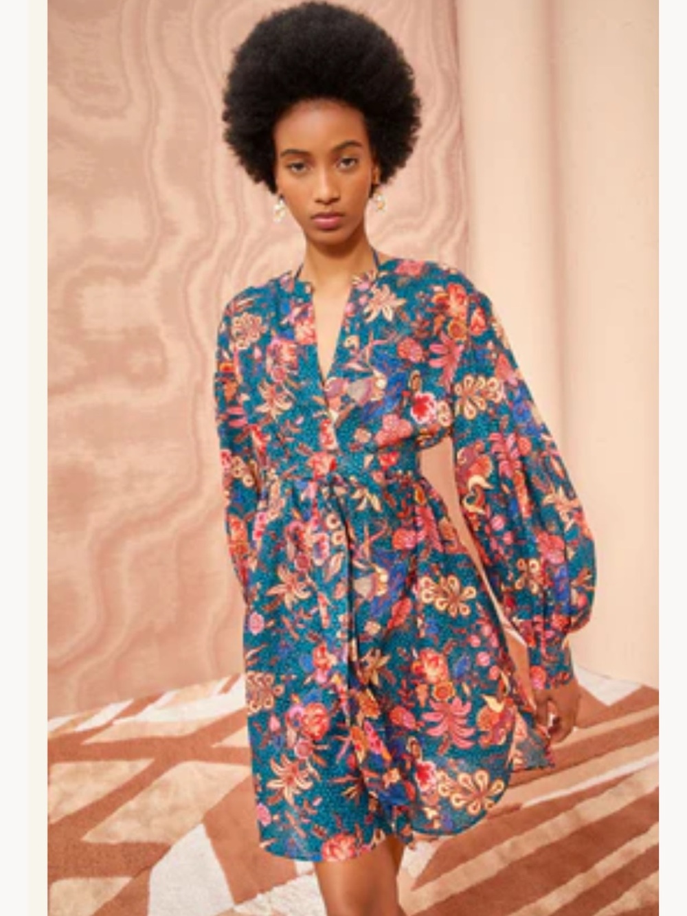 Ulla Johnson Floral Teal Long-Sleeve V-Neck Mini Dress Sz M NWOT